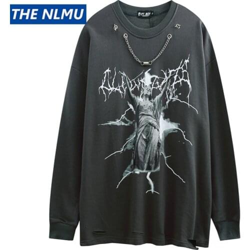 Hip Hop Streetwear Vintage Sweatshirt 2021 Autumn Creative Print Pullover Men Harajuku Cotton Casual Tops Loose Hole WE267