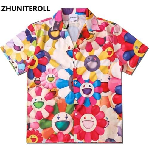 Funny Men Shirt Hawaiian Smile Face Flower Print Hip Hop Shirts Streetwear Mens Harajuku Beach Shirt Casual Shirt Tops Couple