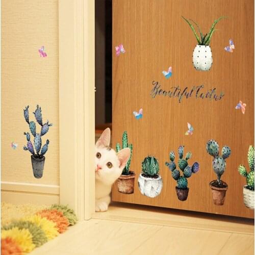 Green Plant Cactus Wall Sticker Cabinet Refrigerator Furniture Potted Plant Wall Mural Poster Art Window Glass Wall Border Decal