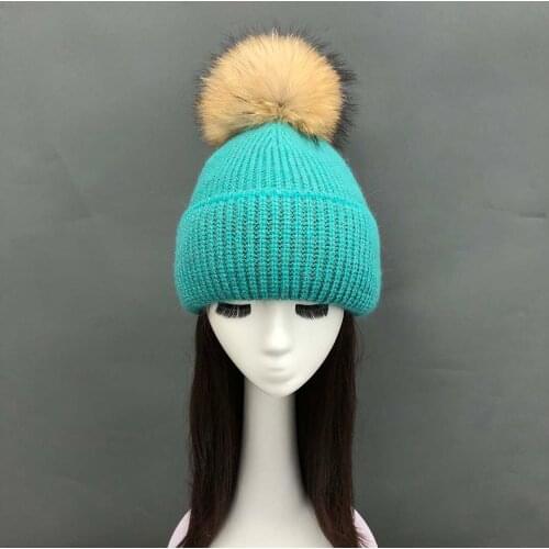 2021 Casual Feminine Hat For Winter Two Fold Plush Rabbit Wool Hat Detachable Raccoon Ball Women Cap