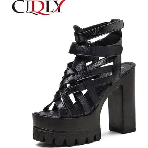 CJDLY Gothic Soft Leather Summer High Heel Women Sandals 2020 New Arrival Catwalk Party Shoes Sexy Cross-tied Square Heel Black