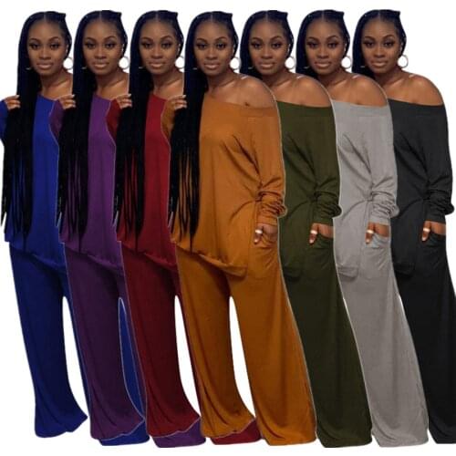 One Shoulder Full Sleeve Loose Tshirt Top and Wide Leg Trouser Pant Two Piece Set Women Solid Casual Side Hight Split Clothing