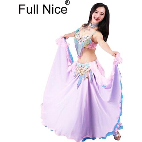 Performance Women Dancewear Professional 3pcs Outfit Bra Belt Skirt Long Oriental Beaded Belly Dance Costume