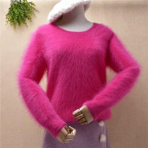 Ladies women fashion fuzzy hairy mink cashmere o-neck long sleeves slim bottoming blouses pullover angora rabbit fur jumper top