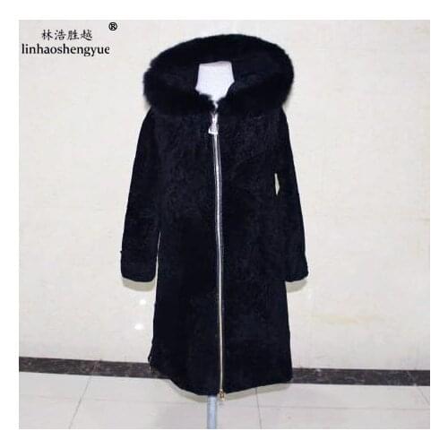 Linhaoshengyue Women Long Sheeps Cashmere Coat with Hood Fox Fur Cap Collar Real Fur Long Sleeve