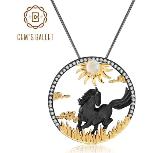 GEMS BALLET 925 Sterling Silver Galloping Horses 12 Chinese Zodiac Jewelry Natural African Opal Pendant Necklace For Women