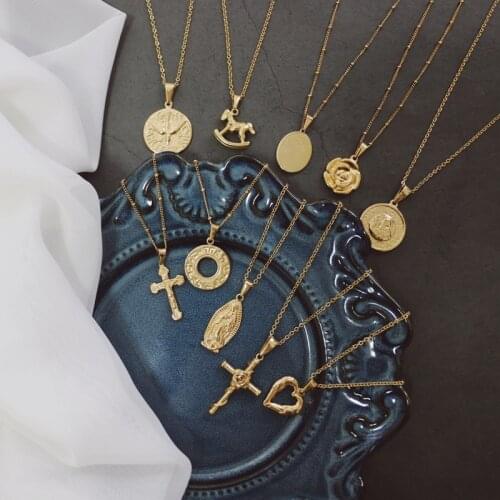 RHYSONG Women Cross Virgin Trojan Horse Flower Pendant Necklace Sweater Chain Stainless Steel Jewelery Accessories Birthday Gift