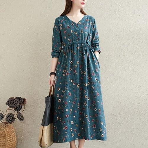 V-neck Long Sleeve Autumn Dress Print Floral Prairie Chic Vintage Dress Drawstring Slim Women Dress Female Casual Midi Dress