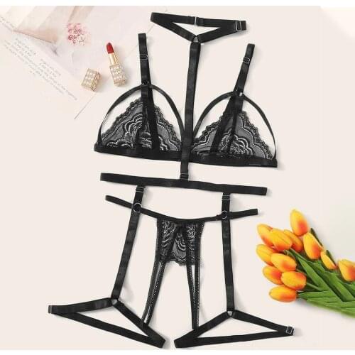 Women Sexy Lace Lingerie Porno Sheer Bra Set Halter Push Up Bustier Underwear G-String Nightwear Female Hot Exotic Sex Costume
