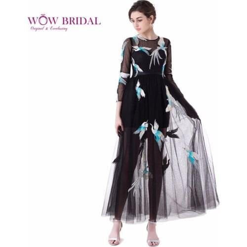 Wowbrial O Neck Long Sleeve A line Evening Dress Bird and Cloud Printed Flower Evening Gowns Formal Dress For Party