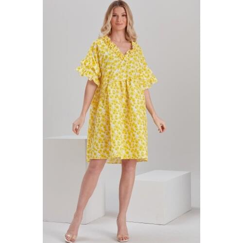 Womens Yellow Sleeves And Neckline Ruffle Detail Flower Patterned Robadan Woven Poplin Dress 2021
