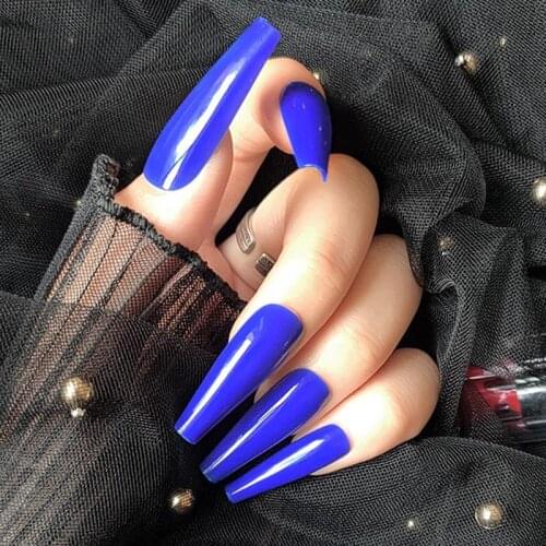 24pcs/box False Nail Tips With Glue Dark blue long Ballerina Nails detachable Press on acrylic Fake nails Stickers