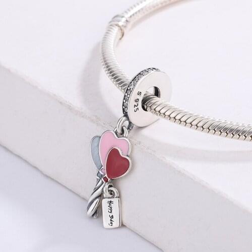 925 Sterling Silver Happy Bday Balloon Dangle Charm Colourful Enamel Heart Shape Balloons Pendant Bracelet Jewelry For Pandora