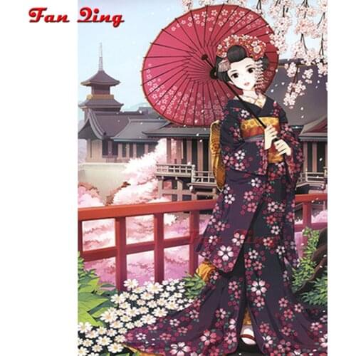 Diamond Painting Portrait Full Square round Diamond Embroidery Japanese kimono woman Picture Of Rhinestones Mosaic Handmade Gift
