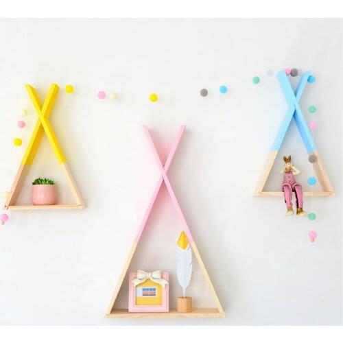 Scandinavian Style Wooden Decorative Triangle Shelf Storage Rack for Kids Bedroom Living Room Wall Display Home Decorations