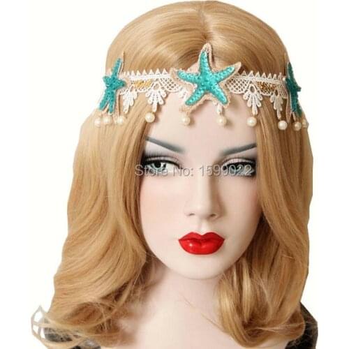 Blue Acrylic Starfish Hair Band Pearl Pendant White Lace Beach Wedding Head Piece Sea Star Hair Accessories Belly Dance Headwear