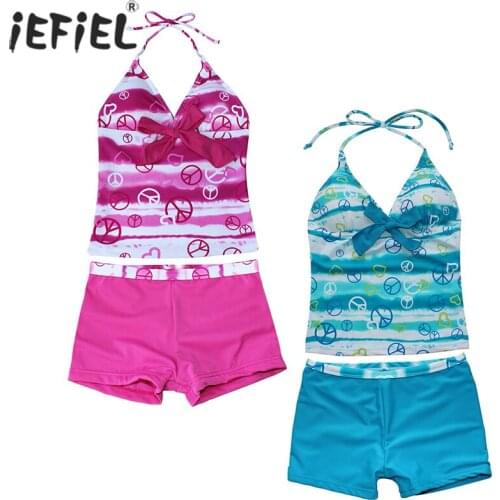 2Pcs Heart Print Girls Swimwear Halter Tankini V Neck Sleeveless Kids Swimsuit with Bottoms Summer Girls Beachwear Bathing Suit