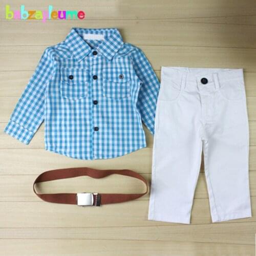 3PCS/2-7Years/Spring Autumn Baby Boys Suits Children Clothing Sets Fashion Plaid Shirt+White Pants With Belt Kids Clothes BC1105