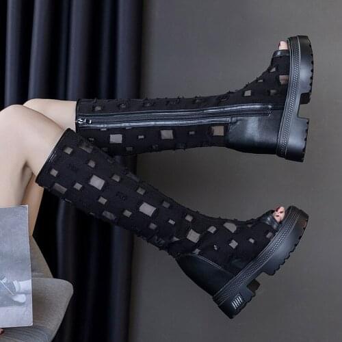 Summer Long Demim Boots Women Hollow Out Casual Peep Toe Canvas Platform Shoes Wedges Slim Jeans Boots Ladies 2021 Fashion PW166