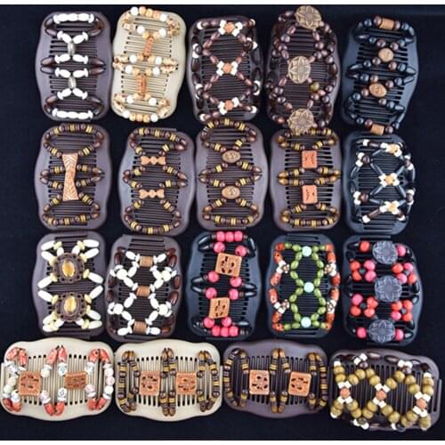 Fashion Magic Wood Beads Double Hair Comb Clip Stretchy Women Wooden Beads Hair Combs Clip Stretchy Head Ornaments Style Random