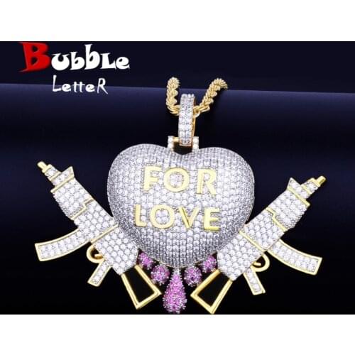 Heart Drip Gun Love Pendant Gold Color Plated Cubic Zircon Mens Hip Hop Necklace Jewelry
