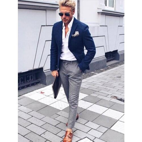 ANNIEBRITNEY Navy 2 Piece Slim Fit Men Suit With Grey Stripe Pants Custom Skinny Groom Wedding Tuxedo Prom Wedding Men Suit Set