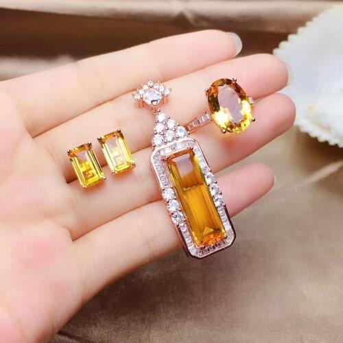 New Arrival Natural Real Citrine Set Natural And Real Citrine Jewelry set 925 sterling silver 1pc Ring,1pc Pendant,2pcs Earring