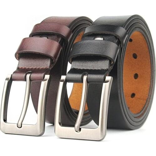 New Fashionable Men Belts Pin Alloy Buckle Male Genuine Cowskin Leather Belt Plus Size 130cm 140 150 160 170 180cm Black Brown