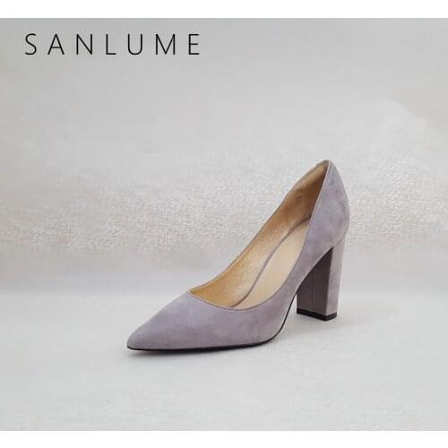 SANLUME Autumn Suede Chunky Pumps Women Sexy Office Shoes Woman High Heels Career Genuine leather Block Heel Slip On Pointed Toe