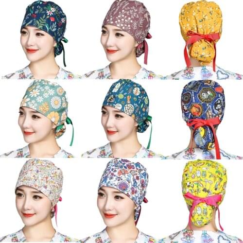 Printed Scrubs Caps With Buttons Ribbon Bandage Cotton Sweatband Hats for Long Hair Adjustable Nursing Workwear Hats Accessories