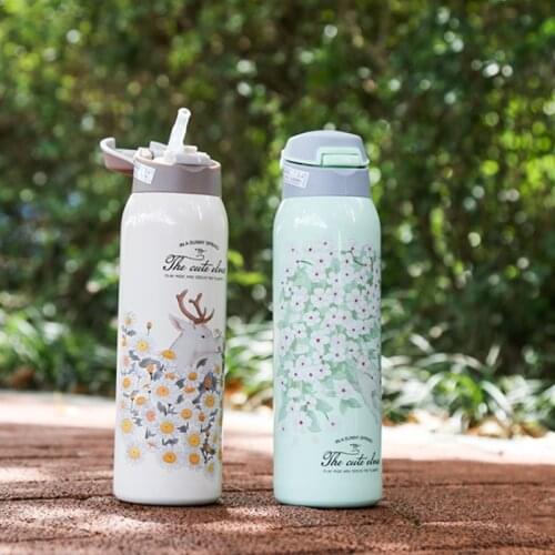 Stainless steel straw thermos water bottle travel cartoon couple bounce cup vacuum double thermos creative animal straw pot