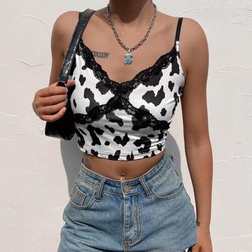 V Neck Milk Cow Print Strap Crop Tops Rapwriter Vinrtage Lace Patckwork Women Blackless Short Sexy Summer Tank Top Bow Cami