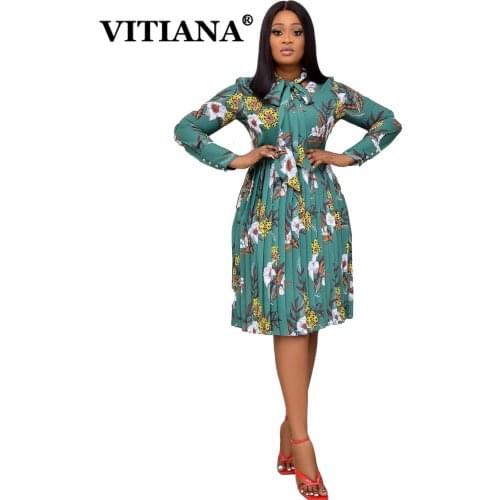 VITIANA Women Casual Pleated Dress Summer 2021 Female Long Sleeve Blue Office Laday Dresses Femme Green Print Vestidos Africa
