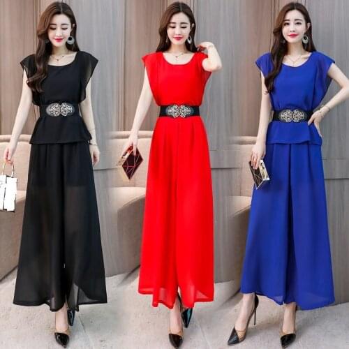 High quality summer womens chiffon clothes two pieces with wide leg pants ladies solid color twin sets chiffon blouses