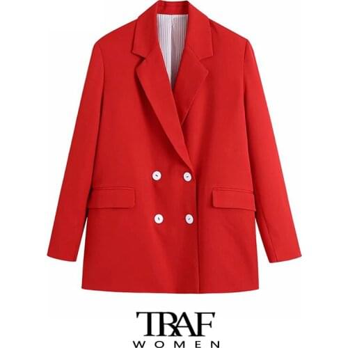 TRAF Za Women Fashion Oversized Double Breasted Blazer Coat Vintage Long Sleeve Flap Pockets Female Outerwear Chic Tops
