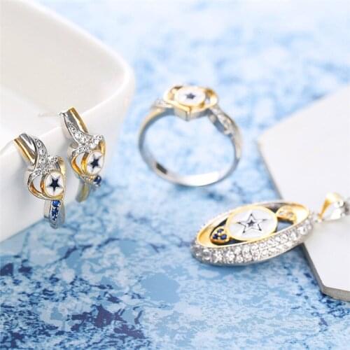 Boho Female Star Crystal Jewelry Set Charm Gold Silver Color Wedding Clip Earrings For Women Cute Love Heart Chain Necklace Ring