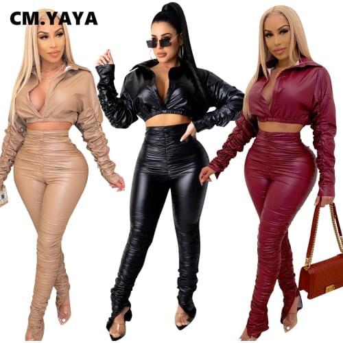 CM.YAYA Casual Womens Set wrinkled PU Crop Top Pants Tracksuit Fitness Two 2 Piece Set Outfit
