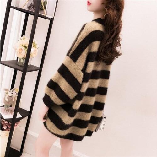 Ladies Sweater Non-shedding Imitation Mink Velvet Autumn and Winter Thickened Hedging Mid-length Knitted Striped Jumper