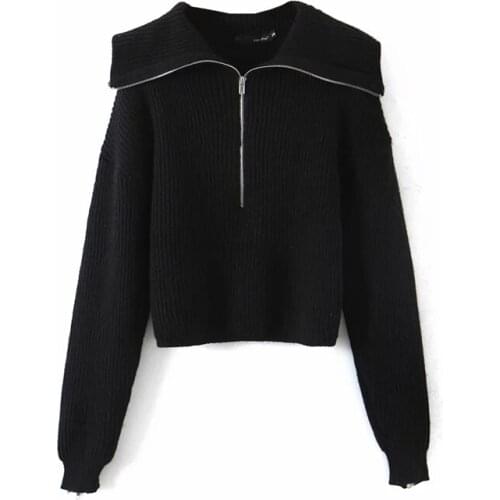 2021 New Za Women Fashion Ribbed Trim Loose Knitted Zip-up Sweaters Vintage High Collar Long Sleeve Female Pullovers Chic Tops