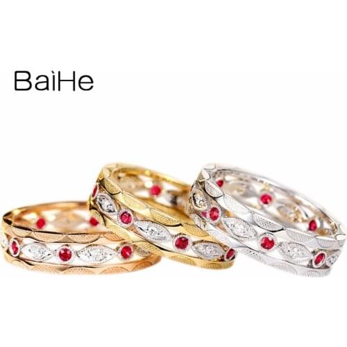 BAIHE Solid 14K Yellow Gold 0.10ct H/SI Round Natural Diamonds Engagement Women Trendy Fine Jewelry Vintage diamond ruby Ring