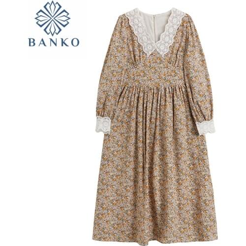 Retro Dresses For Women 2021 Elegant Vintage Long Sleeve Black&Yellow Long Frocks Female Lace V Neck Korean Spring Beach Dress