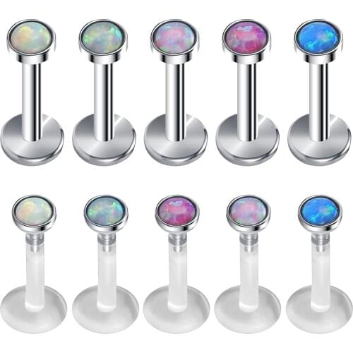 ZS 16G Blue Purple Opal Stone Lip Studs for Women Stainless Steel Labret Piercing Acrylic Lip Ear Helix Tragus Piercing Jewelry