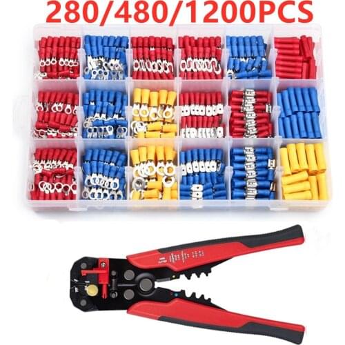 1200/280PCS Assorted Spade Terminals Insulated Cable Connector Electrical Wire Assorted Crimp Butt Ring Fork Ring Lugs + Plier