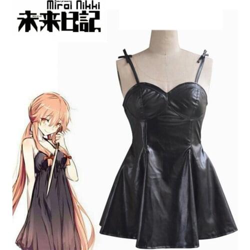 2020Anime The Future Diary Gasai Yuno Black PU Leather Fancy Dress Cosplay Costume Mirai Nikki Braces Skirt Performance Costumes