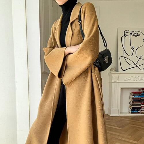 2021 winter Hepburn tweed coat camel labbro bathrobe medium long double-sided wavy cashmere coat women