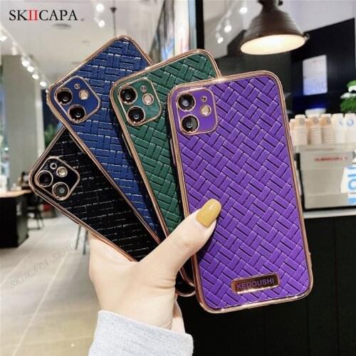 For iPhone 12 11 Pro Max Case Electroplated Woven Pattern Lens Protection Phone Case For iPhone 12 Mini XS XR Shockproof Cover