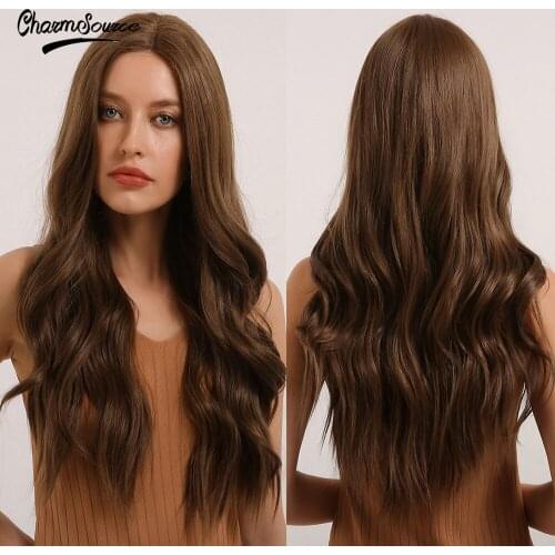 CharmSource Long Wavy Wigs Brown Blonde Hair Front Lace Synthetic Wig for White Women Daily Party Cosplay Wedding High Density