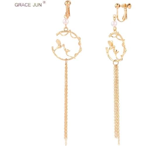 GRACE JUN Korea style Fashion flower Bird Clip on Earrings geometric long Tassel Gold Color Ears Pierced Dangle Earrings New