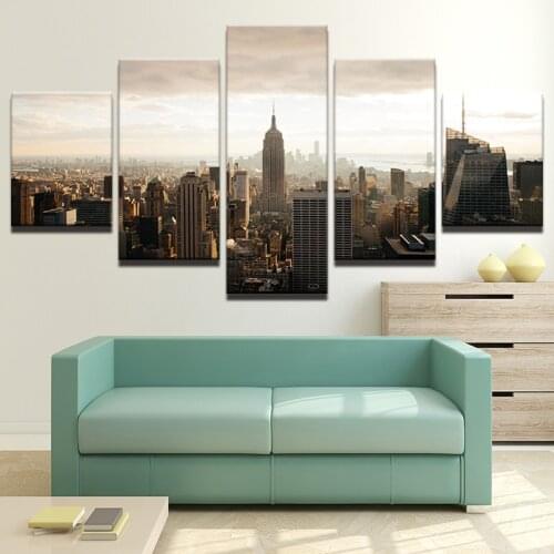 HD Canvas Art Painting For Living Room Wall Decor 5 Pieces New York City Gray Sun High-rise Buildings Decoration Picture Prints