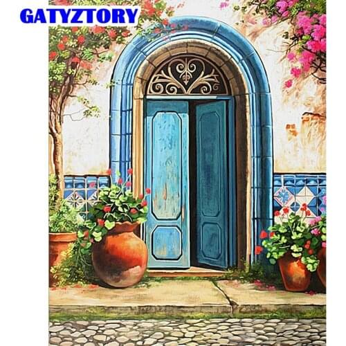 GATYZTORY 60x75cm Framed Picture By Numbers Kits For Adults Children Handmade Home Decoration Blue Door Scenery Paint DIY Gift